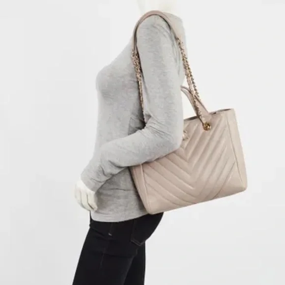 CHANEL Taupe CC Lambskin Chevron Quilted Leather Chain Statement Shopper Tote - Picture 5 of 15
